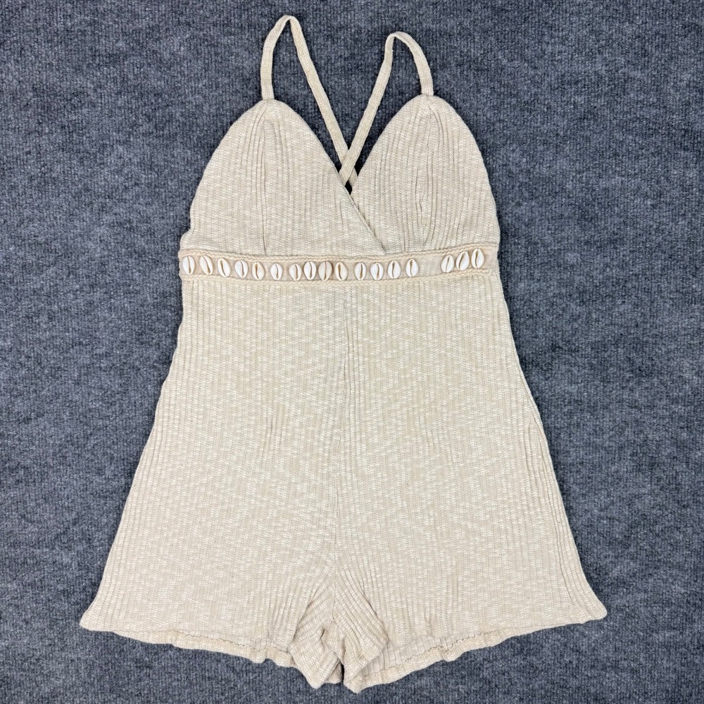 Forever 21 Women Ribbed Knit Cowrie Shell Romper Beige Boho Coastal Stretch Sz S